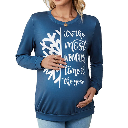 New Navy Blue Snowflake Maternity Long-sleeved Sweater Top Pregnant Hoodies Pregnancy Clothing Loose Casual Maternity Clothes