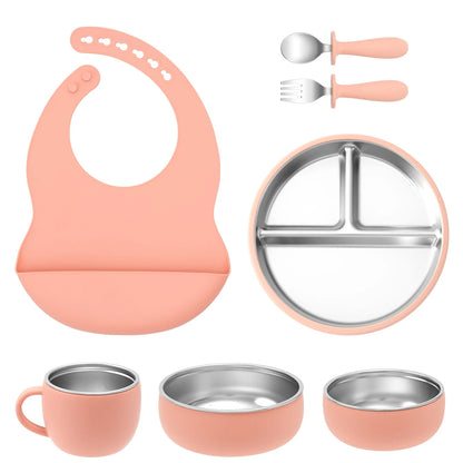 7PCS Baby Feeding Set – Stainless Steel & Silicone Tableware