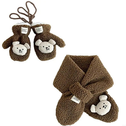 Y4UD Cosy Lamb Wool Kids Scarf and Gloves Set Baby Winter Essential with Cartoon Bear Designing for Warmth In Cold Weather