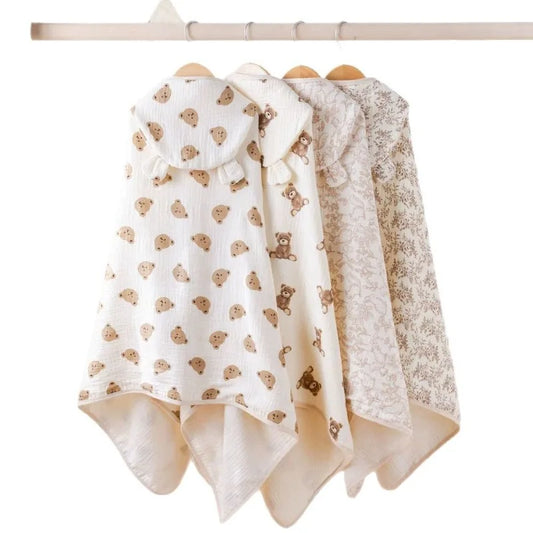 Soft Hooded Baby Bath Towel Cartoon Cloak  Super Absorbent Gauze Bathing Wrap for Newborn Infant Anti-Shedding & Skin-Friendly