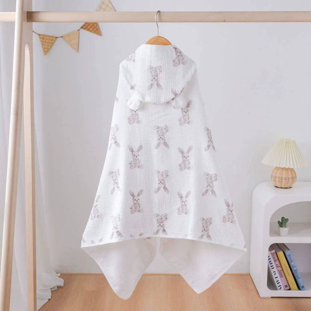 Soft Hooded Baby Bath Towel Cartoon Cloak  Super Absorbent Gauze Bathing Wrap for Newborn Infant Anti-Shedding & Skin-Friendly