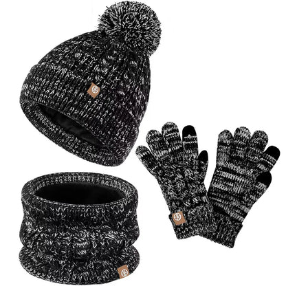 Winter Velvet Outdoor Travel Warm Knit Children's Colorful Wool Ball Hat Scarf Gloves Three Piece Set Luxury Holiday Gift