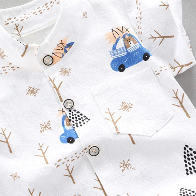 Children's Summer Full Print Teddy Bear Cartoon Shirt Short Sleeved Shorts Set
