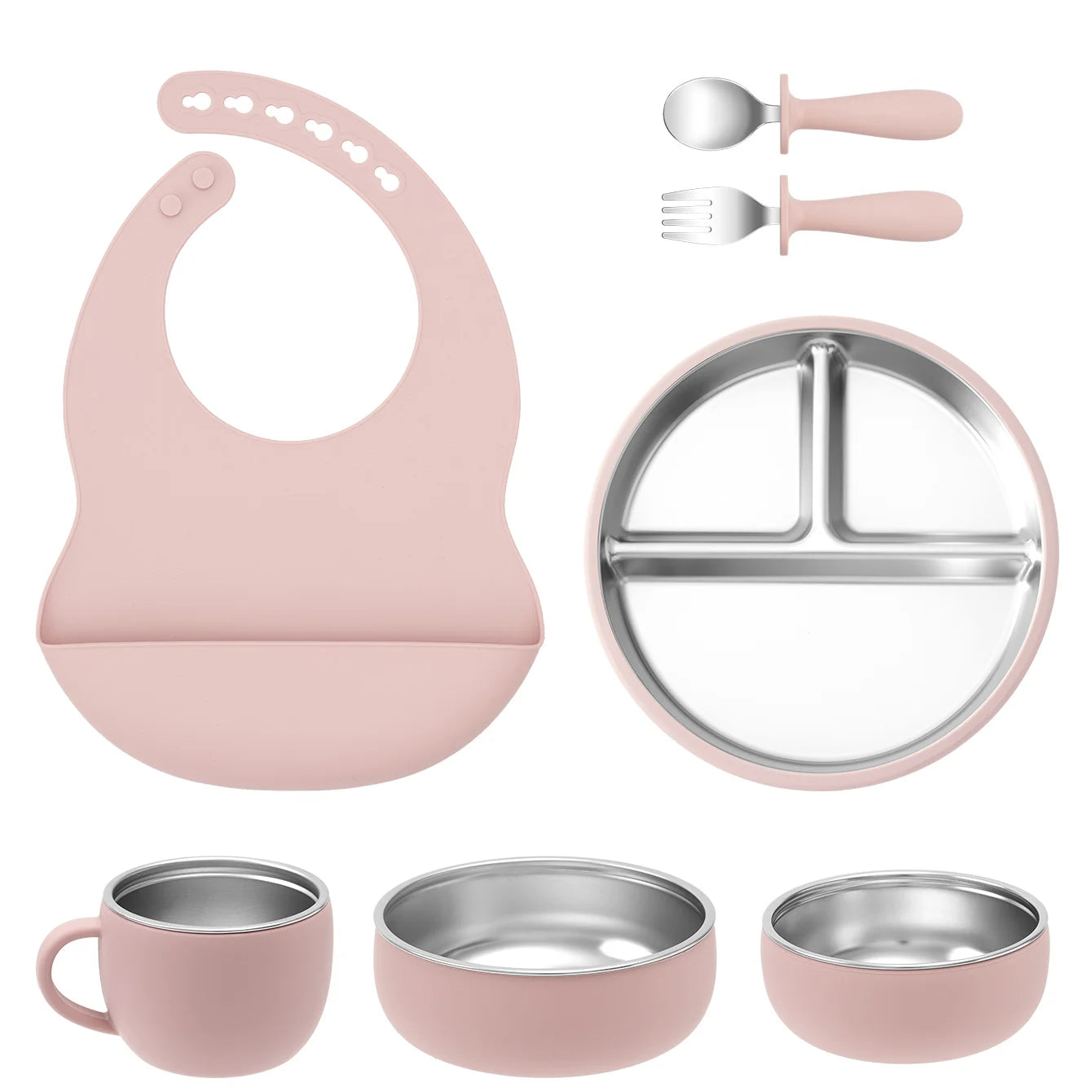 7PCS Baby Feeding Set – Stainless Steel & Silicone Tableware