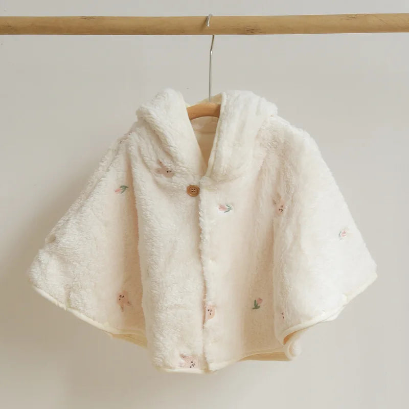 Baby Toddler Kids Hooded Cloak Cape Outerwear Coral Fleece Embroidered Cartoon Windproof Warm Winter Outdoor Costume Play Cape