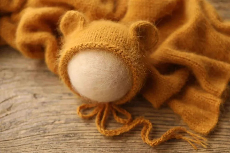 Fluffy Mink Thread Newborn Knit Hat with Ears Photo Prop