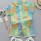 2PCS baby and toddler summer full print three color vertical stripe pattern stand up collar shirt short sleeved shorts set