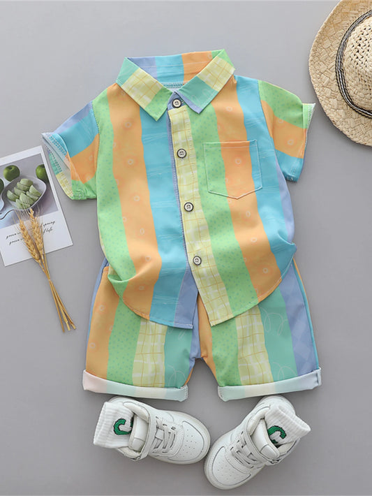 2PCS baby and toddler summer full print three color vertical stripe pattern stand up collar shirt short sleeved shorts set