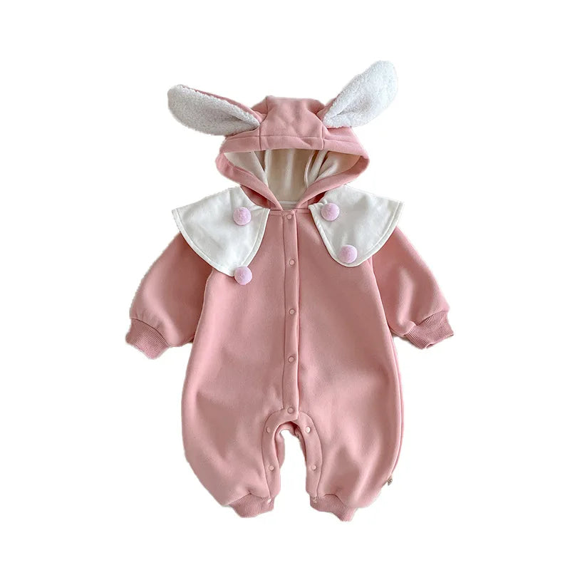Combinaison bébé mignonne 0-2 ans, châle d'hiver super mignon avec bonnet en peluche, vêtements pour nouveau-né
