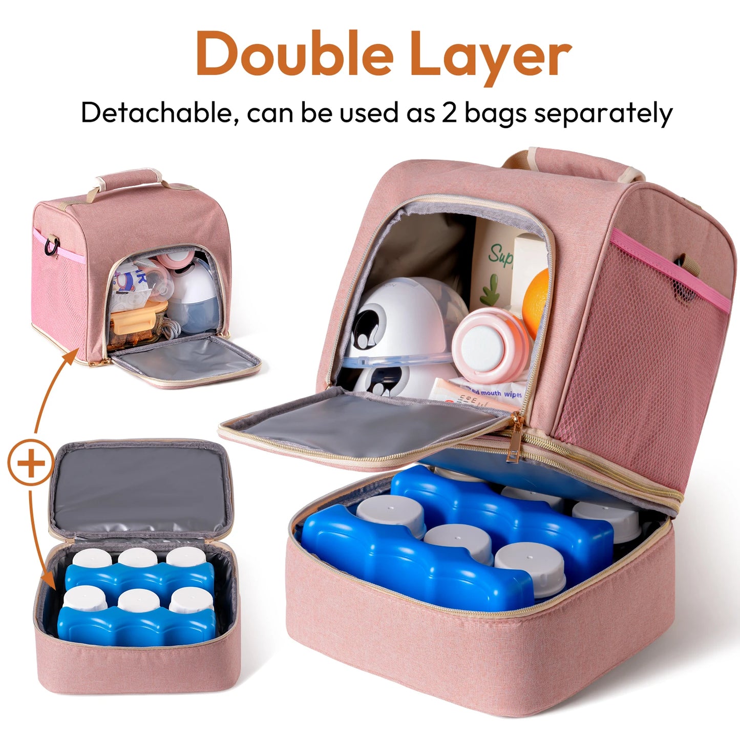 NCVI Pink Breast Pump Bag, Double Layer Separable Breastmilk Bag