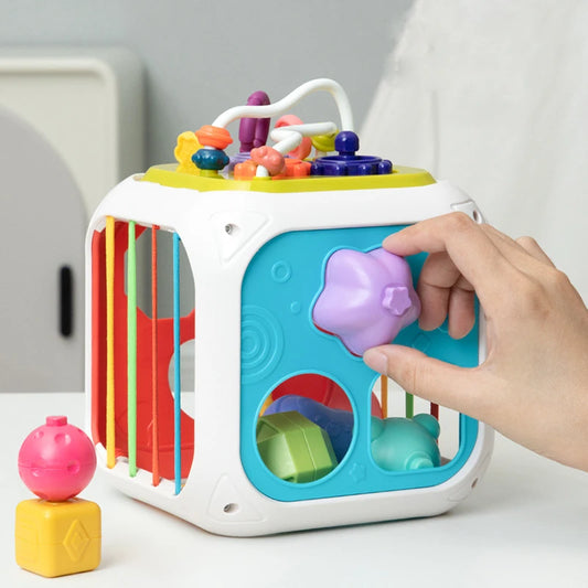 Baby Shape Sorting Toys Children Montessori Educational Toys Colorful Sensory Cube Toys With Elastic Bands For Fine Motor Skills