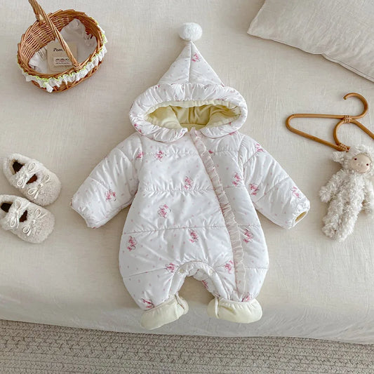 Baby Teddy Bear Jumpsuit 2025 New Winter Baby Super Cute Hooded Crawling Suit Newborn Cartoon Cotton Jacket