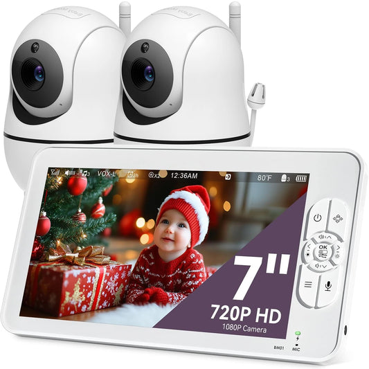 7" Baby Monitor with 2 Cameras 4000mAh Battery Split Screen Video Baby Monitor No WiFi Remote Pan-Tilt-Zoom Auto-Night Vision