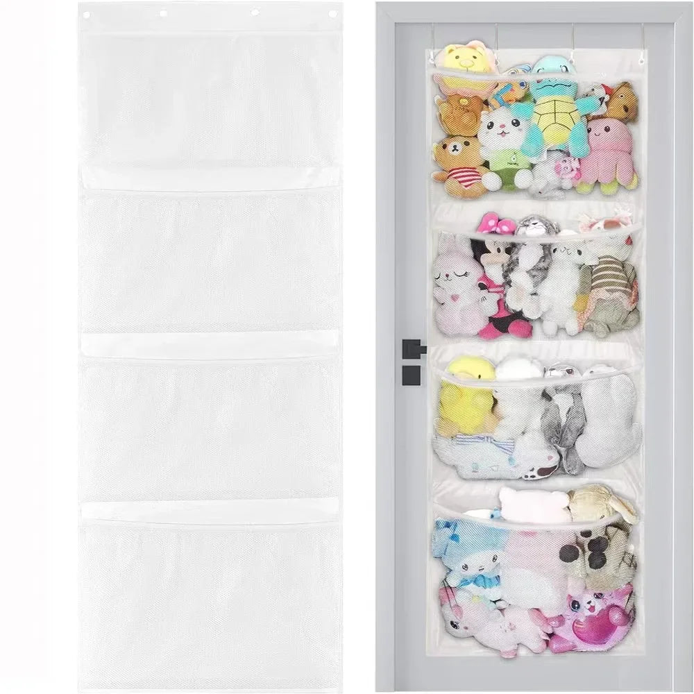 New Stuffed Storage Bag Over The Door Stuff Animals Organizer Hanging Mesh Bags 4 Large Pockets for Baby Plush Toys Kids Storage
