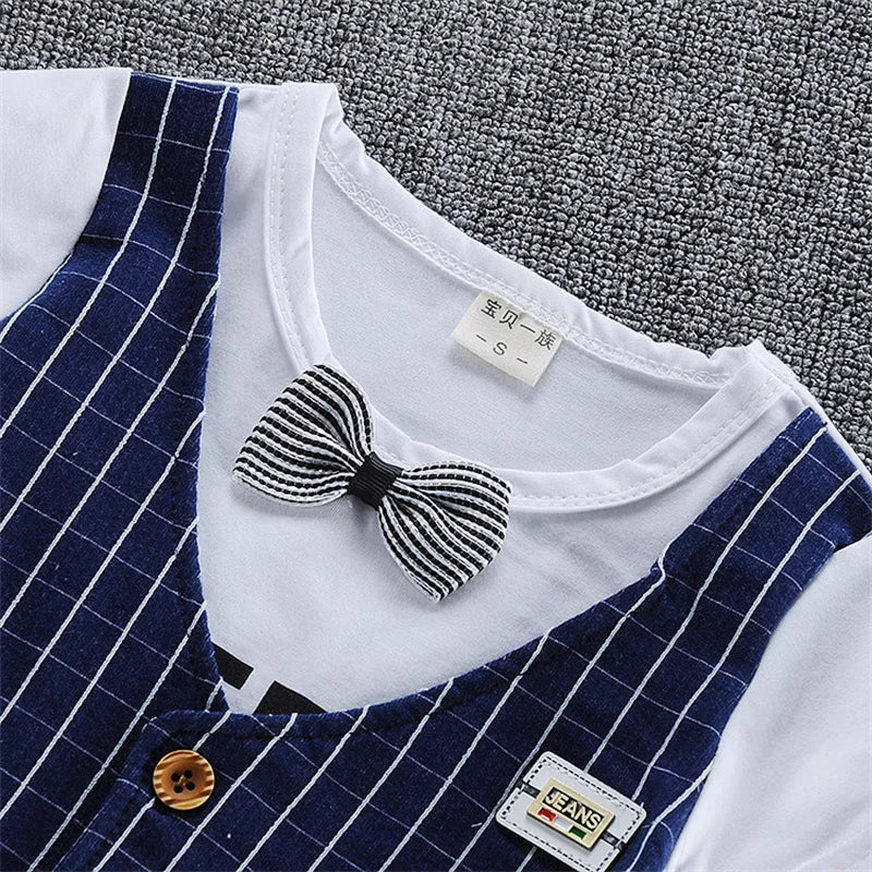 2PCS Baby Set Summer Children's Outgoing Plaid Gentleman Style Fake Two Piece Vest Short Sleeve Shorts Set