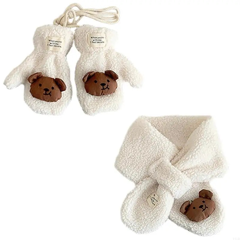 Y4UD Cosy Lamb Wool Kids Scarf and Gloves Set Baby Winter Essential with Cartoon Bear Designing for Warmth In Cold Weather