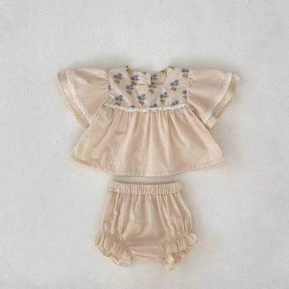 Summer new 0-3 year old baby clothing, baby girl bubble short sleeved square neck top+lace shorts