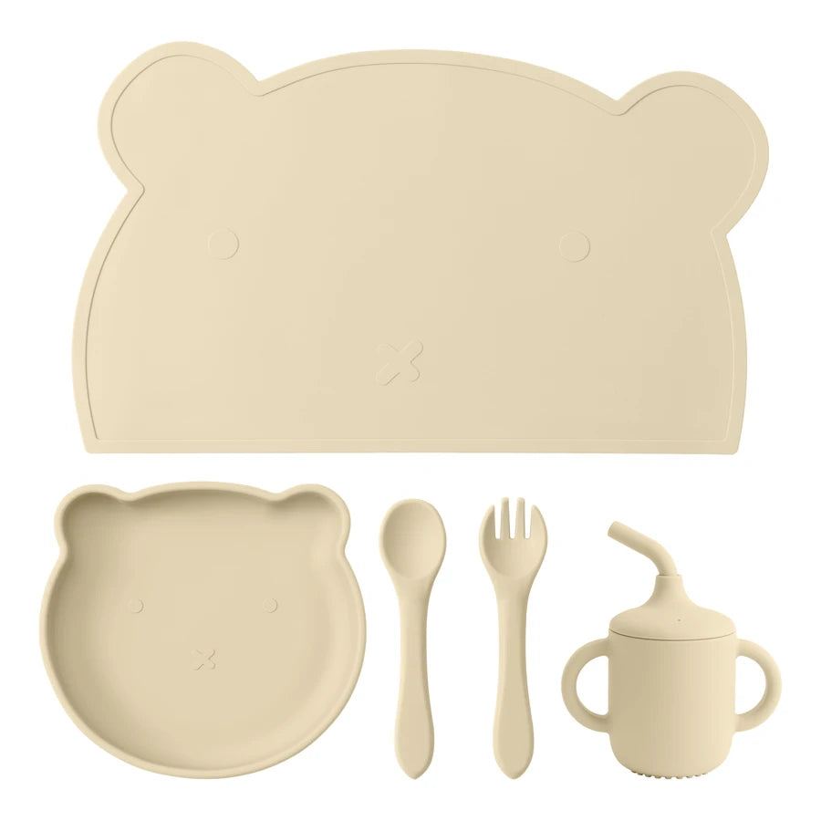 5PCS Baby Silicone Tableware Waterproof Placemat Soft Spoon Fork Suction Baby Dishes Sippy Cup Feeding Training Baby Dinner Set