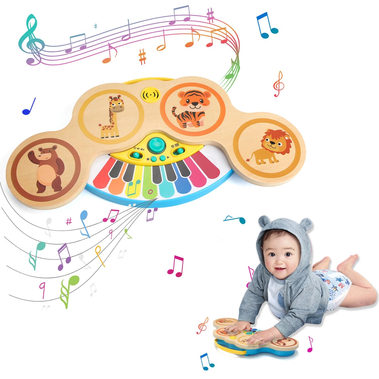 2-in-1 Wooden Piano & Drum – Lights & Music Fun!