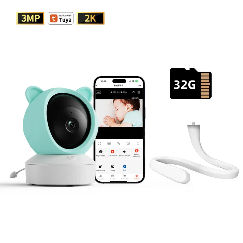 Tuya WIFI remote control Bluetooth connection 2K 3MP monitoring camera one-click call indoor security two-way call baby monitor