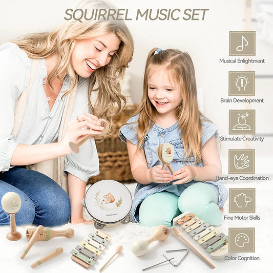 Music Toys Baby Wooden Montessori Toys Children Music Instrument Squirrel Maracas Drum Xylophone Early Education Sensor Toys Set