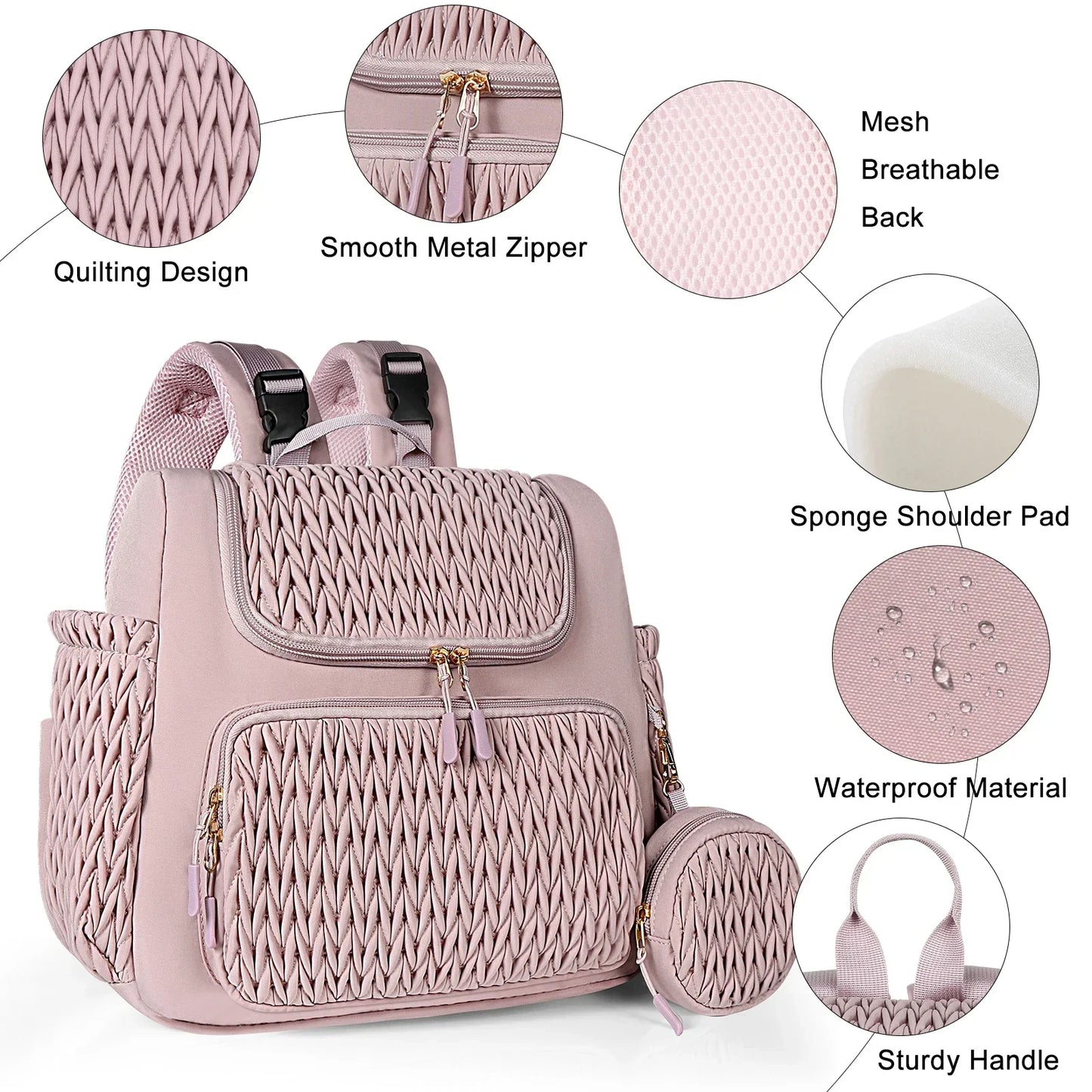 Mauve Mist Diaper Backpack – Nappy Bag with Changing Pad & Stroller Straps