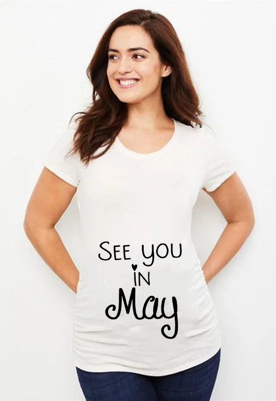 See You In May Print Announcement Pregnant T Shirt Maternity Short Sleeve T-shirt Pregnancy  Shirt New Mom Tshirts Clothes Tops