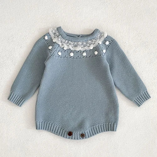 2025 New Autumn Children Clothes Infant Baby Girls Long Sleeved Splicing Knitted Jumpsuit Newborn Baby Knitted Bodysuits+Hat