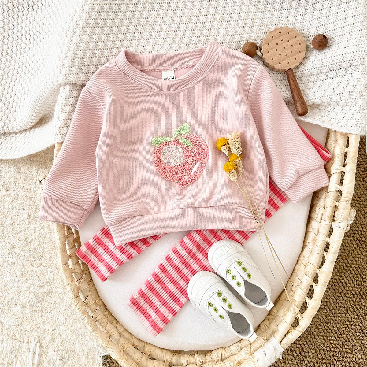 Baby Girl 2PCS Set – Long Sleeve Top & Pants, Cute Peach Autumn/Spring Outfit