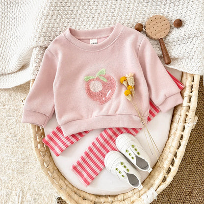 Baby Girl 2PCS Set – Long Sleeve Top & Pants, Cute Peach Autumn/Spring Outfit