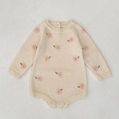 2025 New Autumn Children Clothes Infant Baby Girls Long Sleeved Splicing Knitted Jumpsuit Newborn Baby Knitted Bodysuits+Hat