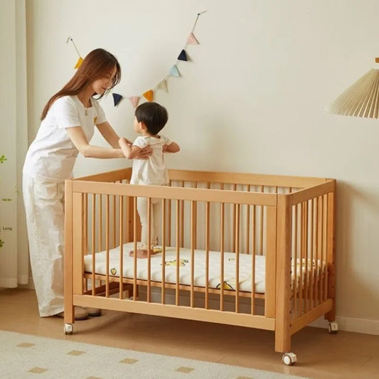 Adjustable Beechwood Baby Crib Convertible Bedside Sleeper with Guardrail Wheels Baby Bassinet Nest Bed Child Sleep with Wheels