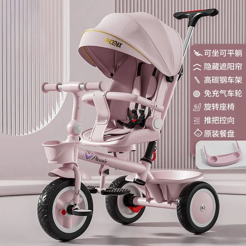 Premium Baby Tricycle 1-6 Years Old Kids Parent Push Handle Large Seat Adjustable Canopy Safety Belt Ride Outdoor Stroller Bike