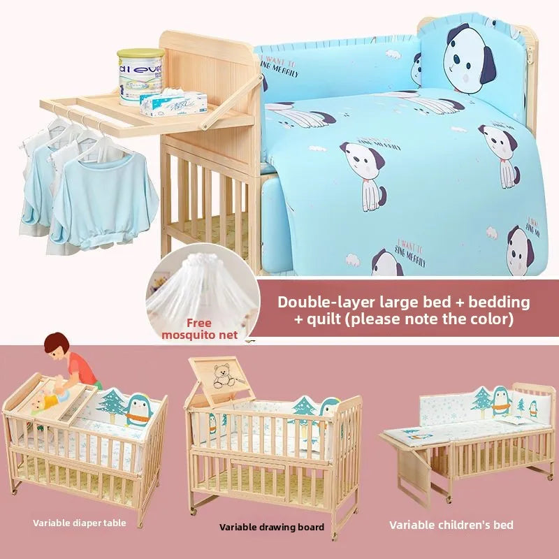 Solid Wood Baby Crib Convertible Toddler Bed Movable Newborn Bassinet Cradle Multi Functional Infant Bed For Babies Boys Girls