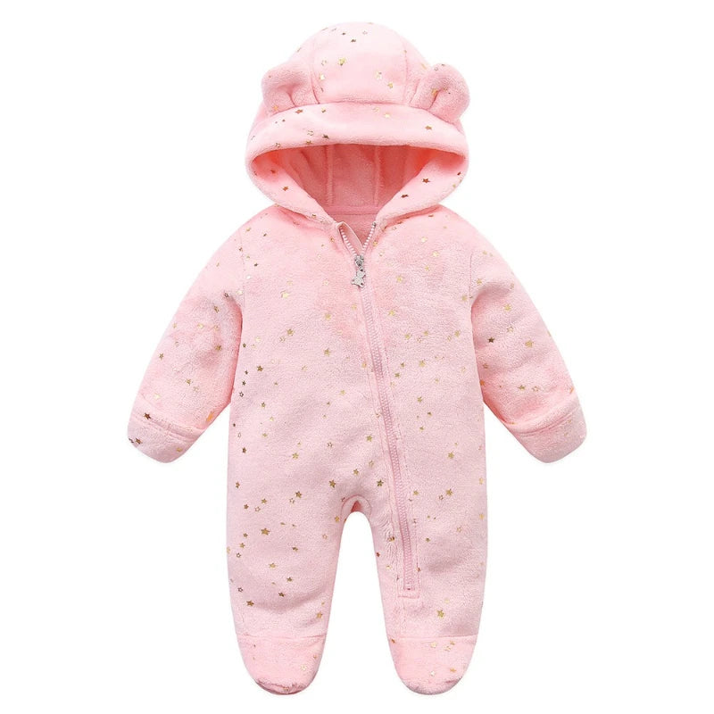 Boys & Girls Fleece-Lined Romper with Hat  for Autumn & Winter Infant Cute Star-Print Footed Onesie Halloween Warm Bodysuit