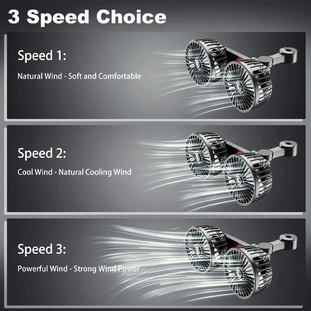 New Car Fan 3-speed Car Seat Back Cooling Fan 360° Rotation Double Head Car Back Seat Fan 5 Fan Blades for Summer Car Accessorie