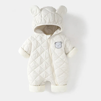 Autumn Winter Kids Boys Rompers Cotton Padded Bear Printed Thicken Newborn Boys Bodysuits Warm Argyle Hooded Infant Boy Jumpsuit