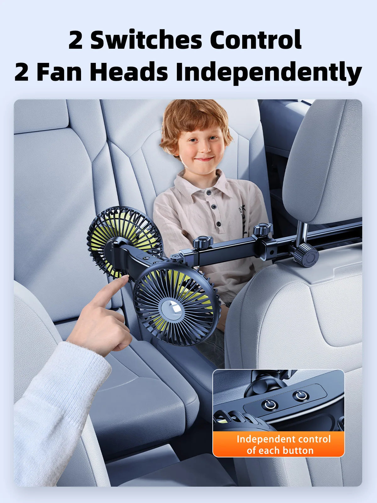 Eary Car Dual-Head Fan Mount For Backseat Rear Seat Headrest USB Charge Long Arm Adjustable 3-Speed Wind Air Cooling Fan For Kid