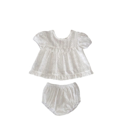 New summer baby clothing, cute lace embroidered solid color top and triangular pants set for 0-3 year old girls