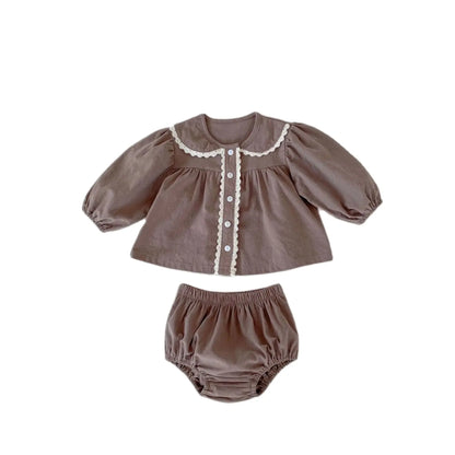 Autumn new baby clothing, 2-piece set of pure cotton half necked long sleeved shirt and triangular bun pants for girls