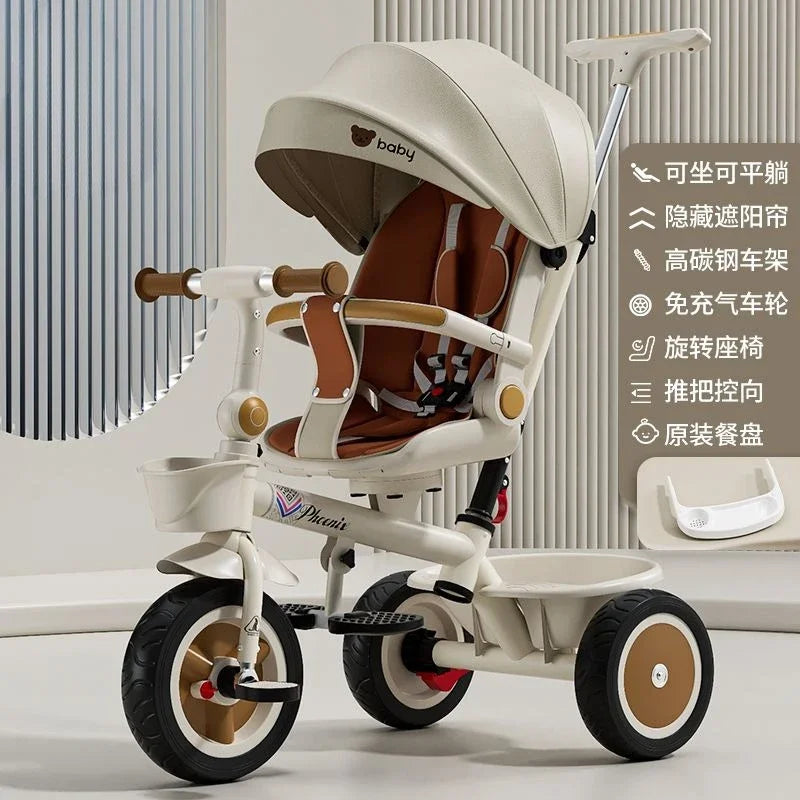 Premium Baby Tricycle 1-6 Years Old Kids Parent Push Handle Large Seat Adjustable Canopy Safety Belt Ride Outdoor Stroller Bike