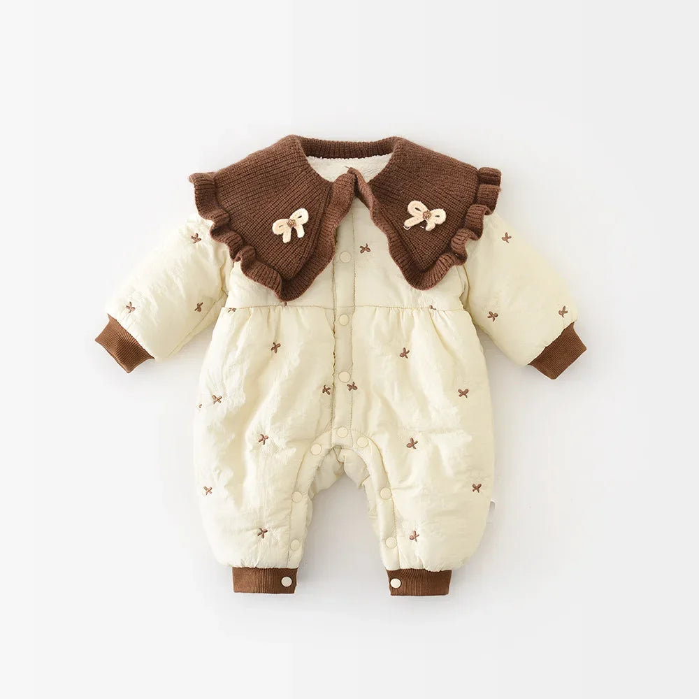 0-2 Y Winter Baby Girls Clothes Fur Lining Toddler Rompers Fur Lining Infant Girls Jumpsuits Bow Embroidery Outfit