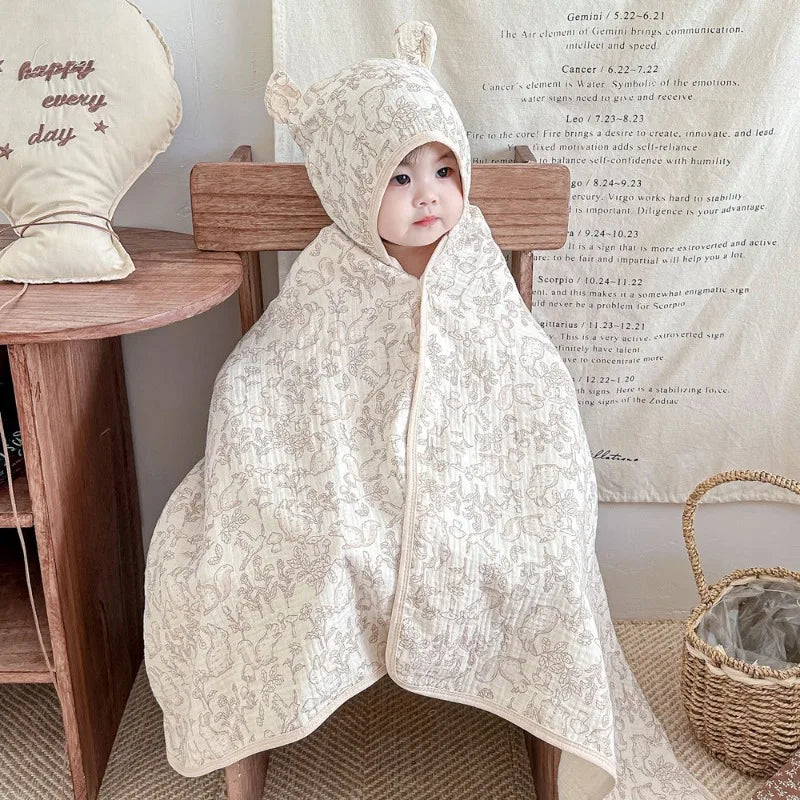 Soft Hooded Baby Bath Towel Cartoon Cloak  Super Absorbent Gauze Bathing Wrap for Newborn Infant Anti-Shedding & Skin-Friendly