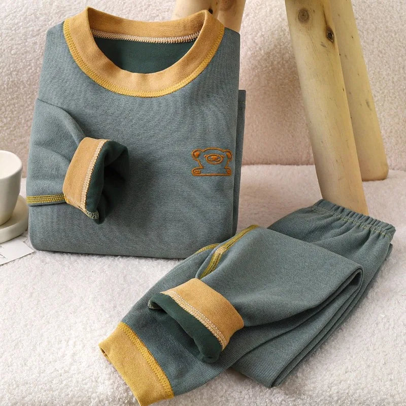 Children's Thermal Underwear Set with Mid Neck Collar Striped Thickened Thermal Wear for Boys Winter Clothes Boneless Design
