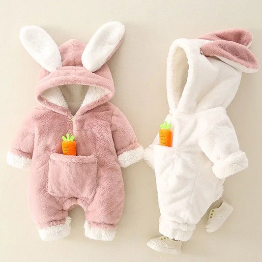 Warm Coral Fleece Baby Romper – Cute Rabbit Design