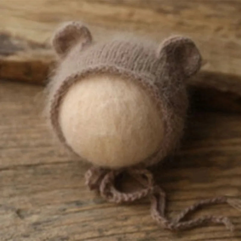 Fluffy Mink Thread Newborn Knit Hat with Ears Photo Prop