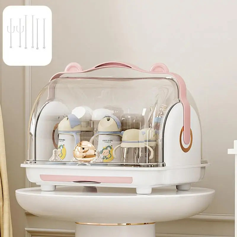 Baby Feeding Cup Holder Sterilizer Dryer With Easy-Carry Handle Dustproof Lid Drying Rack For Home Baby Stuffs Cutlery Storage