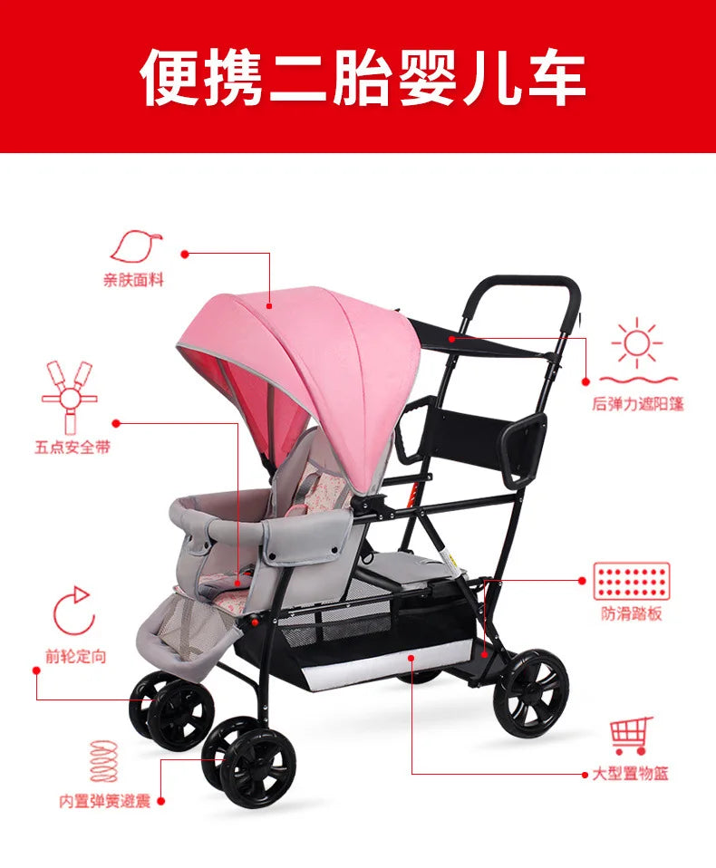 Twin Stroller Multifunctional Baby Stroller Lightweight Double Baby Stroller Foldable Two-way Double Stroller Four Wheel