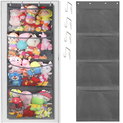 Stuffed Animal Storage Bag Over The Door Stuff Animals Organizer with 4 Large Pockets Hanging Mesh Bags for Baby Plush Toys