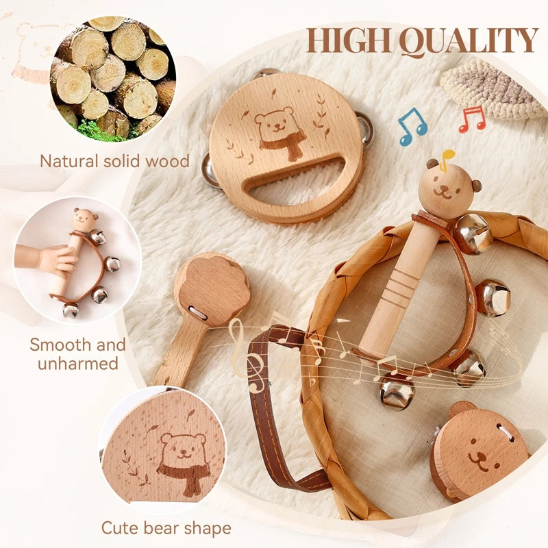 Wooden Musical Instrument Cartoon Bear Rain Drum, Castane,Rattle, Thumb Fiddle Baby Music Educational Toy Set Gift For Newborns